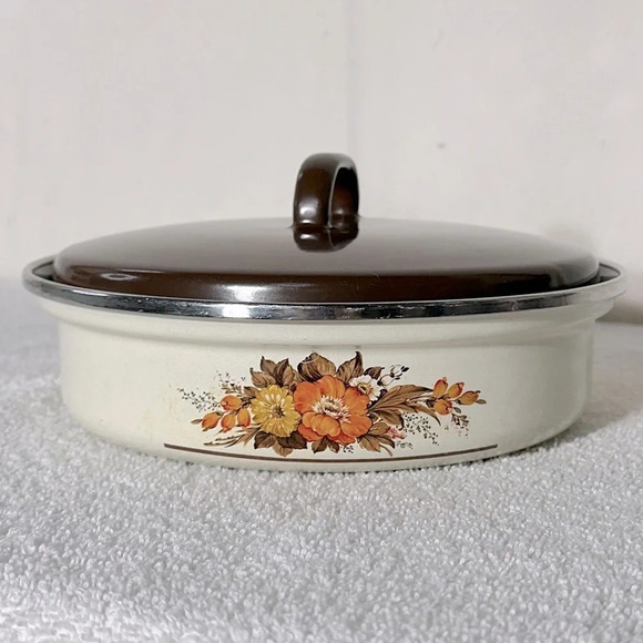 Vintage Enamelware Autumn Flowers Skillet Frying Pan With Lid - Picture 4 of 15